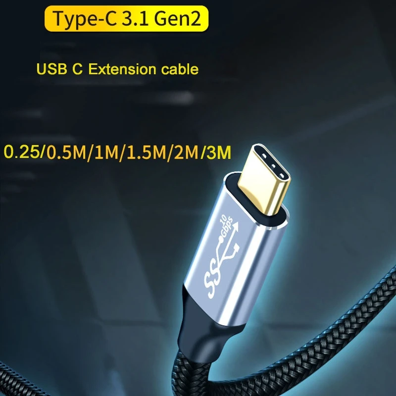 Tipo-c 3.1 gen 2 macho para fêmea cabo de extensão 5a 100w usb c extensor linha de dados 25/50/100/150/200/300cm