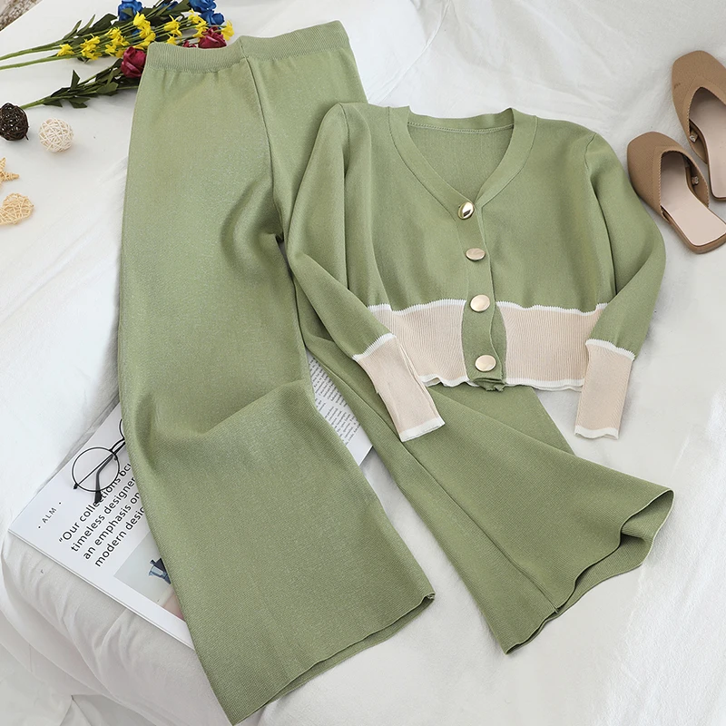 

2023 Spring Women’s V Neck Sweater Two Piece Set Female Knitted Pants Suits Fashion Casual Pullover Tracksuits Outwear