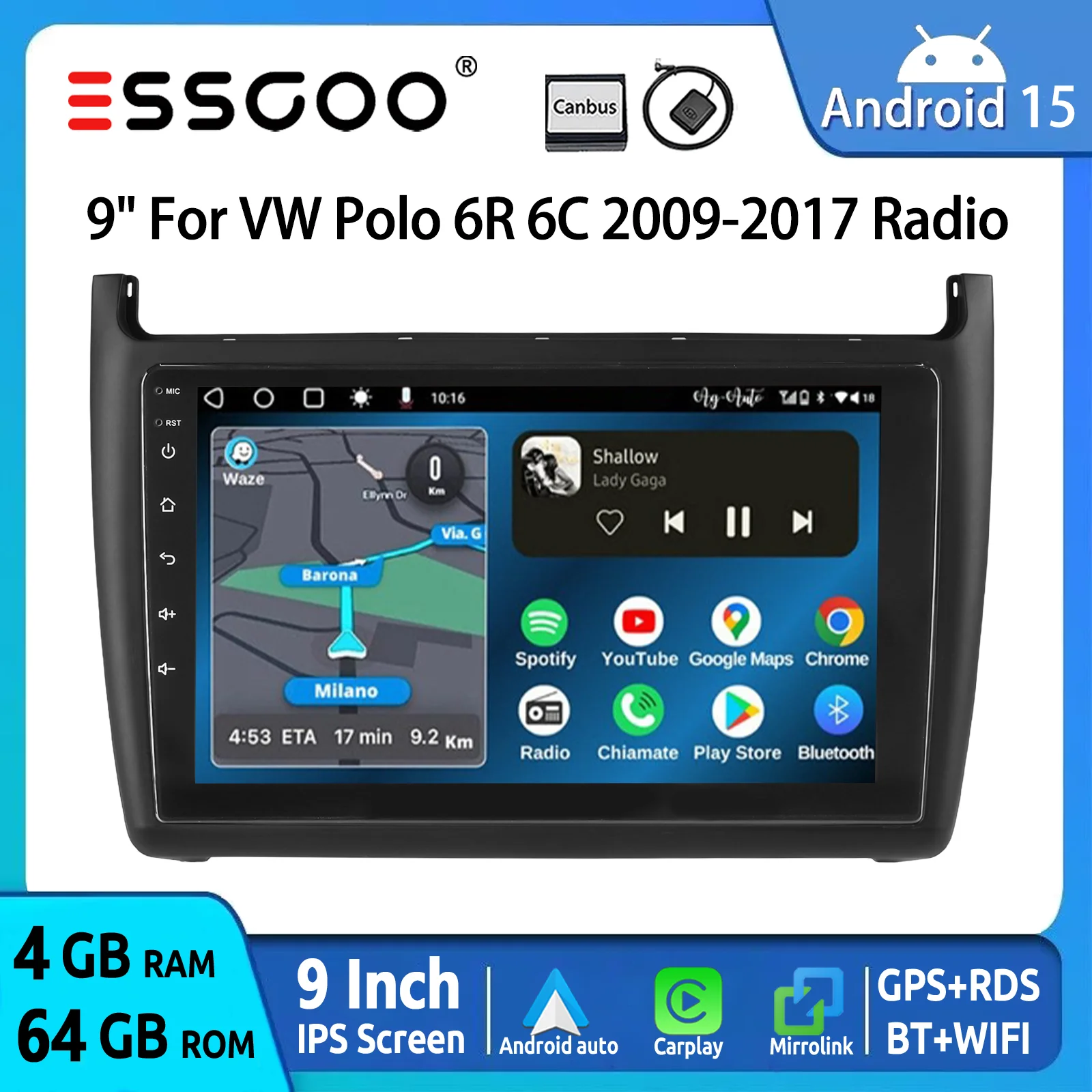 Autoradio ESSGOO Android 15 9 Zoll 64G für VW Polo MK5 6R 6C 2011-2016 Drahtloses CarPlay Android Auto GPS Navigation WIFI RDS Lenkradsteuerung Bluetooth FM Mirror Link KI-Stimme ChatGPT IPS Touchscreen