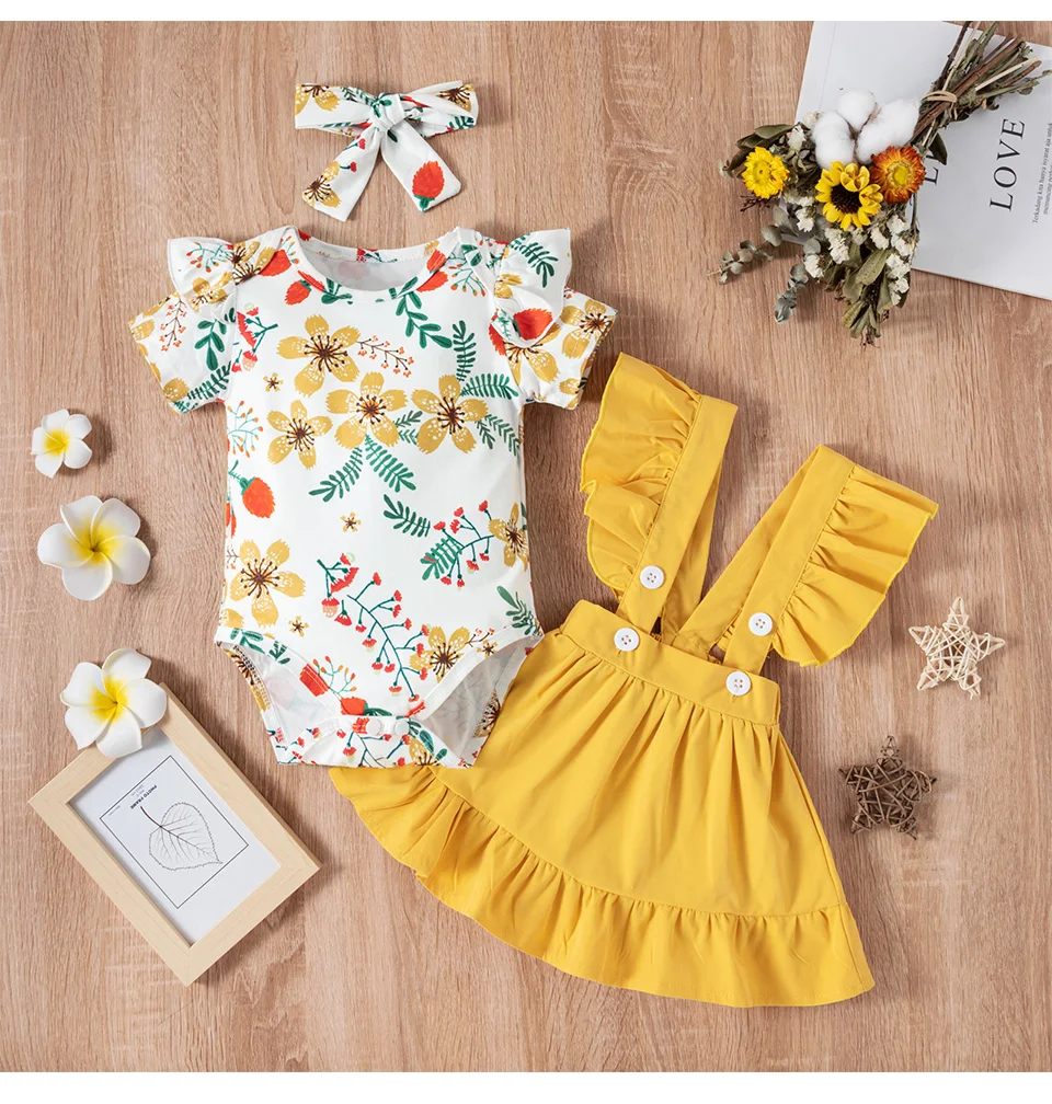 3PCS Summer Infant Baby Girl Clothes Set Cute Floral Print Flying Sleeve Romper Ruffles Suspender Skirt Headband Newborn Outfits Baby Clothing Set for boy