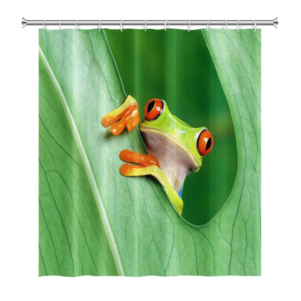Funny Frog Cartoon Shower Curtain Sets Leaf Animal Creative Children Bathroom Decor Waterproof Fabric Home Hooks Bath Curtains 3