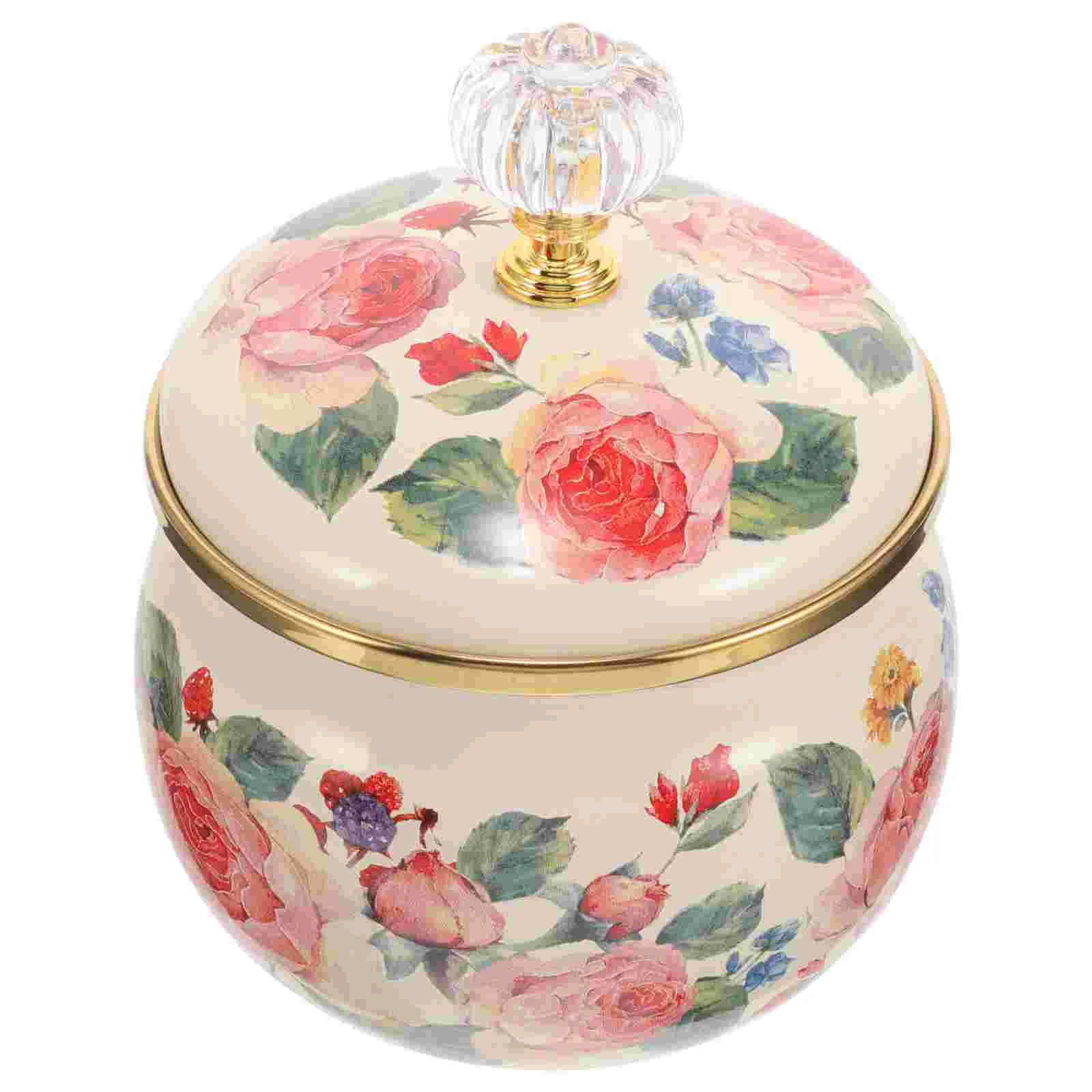 

Vintage Enamel Storage Jar Flower Pattern Canister Multi-functional Enamel Jar for Tea Sugar Spice
