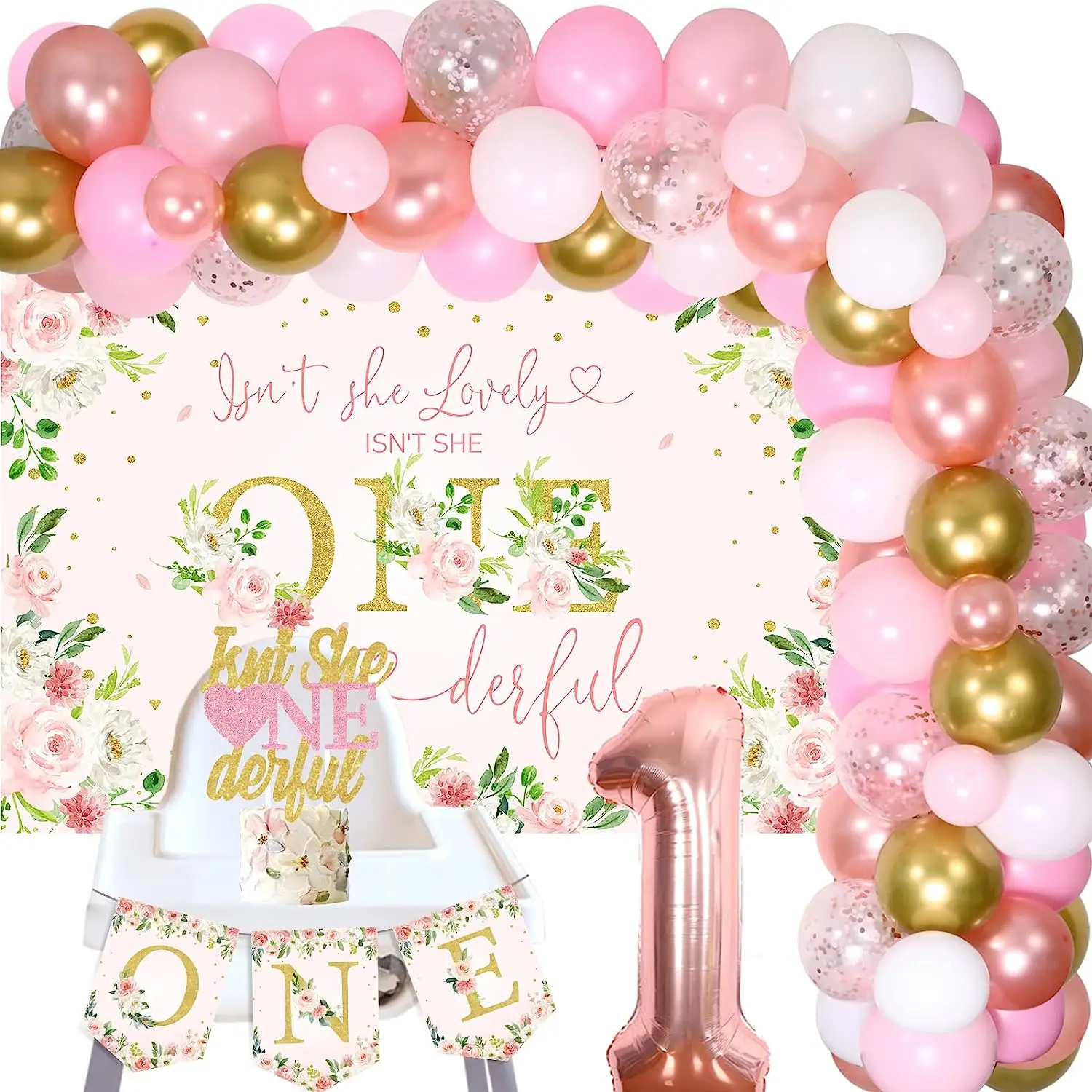 

Girl 1st Floral Birthday Decoration Isn’t She Lovely Isn’t She Onederful Backdrop Pink Rose Balloon Garland One Highchair Banner