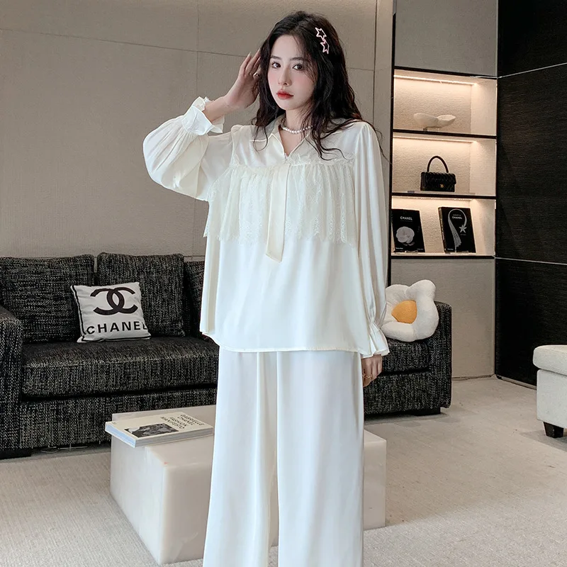 

Satin Lace Trim Pajamas Pour Femme Women Lapel Sleepwear Spring Home Clothes Long Sleeve Nightgown Elastic Waist Loungewear