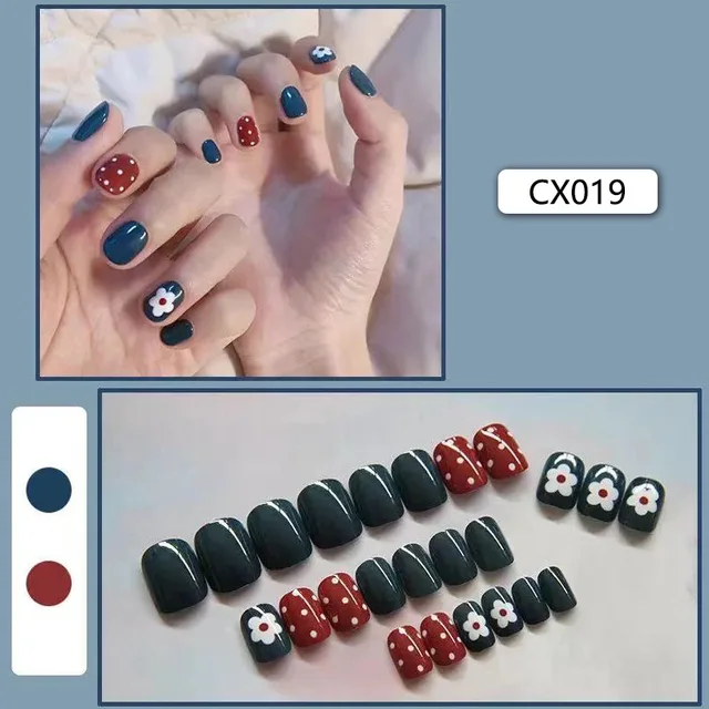 24pcs/box Fake Nails Press on Short Reusable with Designs Set French Artificial Pink False Tipsy Stick-on Nails Tips Art CX019