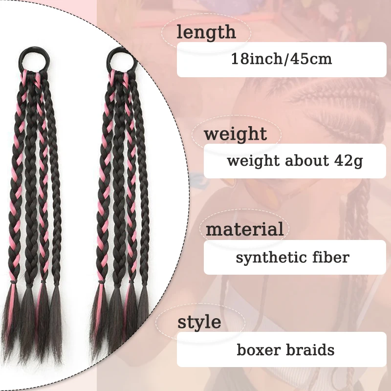 LUPU 2pcs Hair Pigtails Wig Synthetic Extensions Ponytail 18inch Highlighted Boxer Braids with Rubber Band False Women Hairpiece