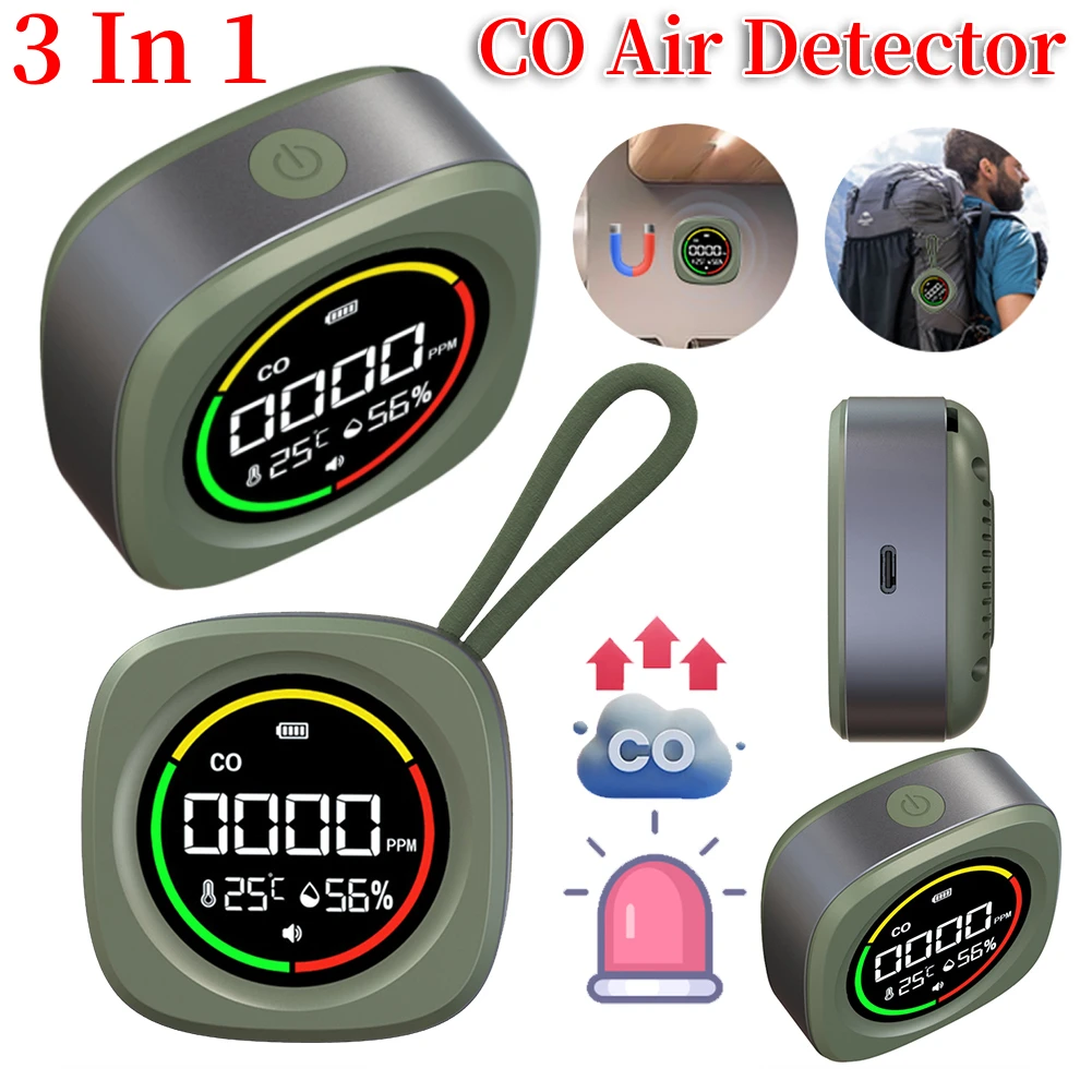 3 In 1 Carbon Monoxide Detector HD LCD Display CO Air Quality Monitor 1000mAh CO Detector Alarm Temp Humidity Sensor for Travel