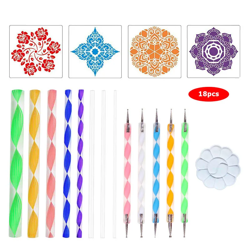53/35pcs DIY 스톤 만다라 도트 도구 그림 바위 스톤 펜 엠보싱 스타터 드로잉 스텐실 템플릿 브러시 트레이 키트