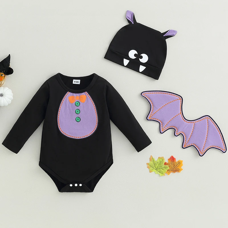 

Baby Bat Costume Toddler Girl Boy My 1st Halloween Outfit Long Sleeve Romper Hat and Bat Wing Outfit