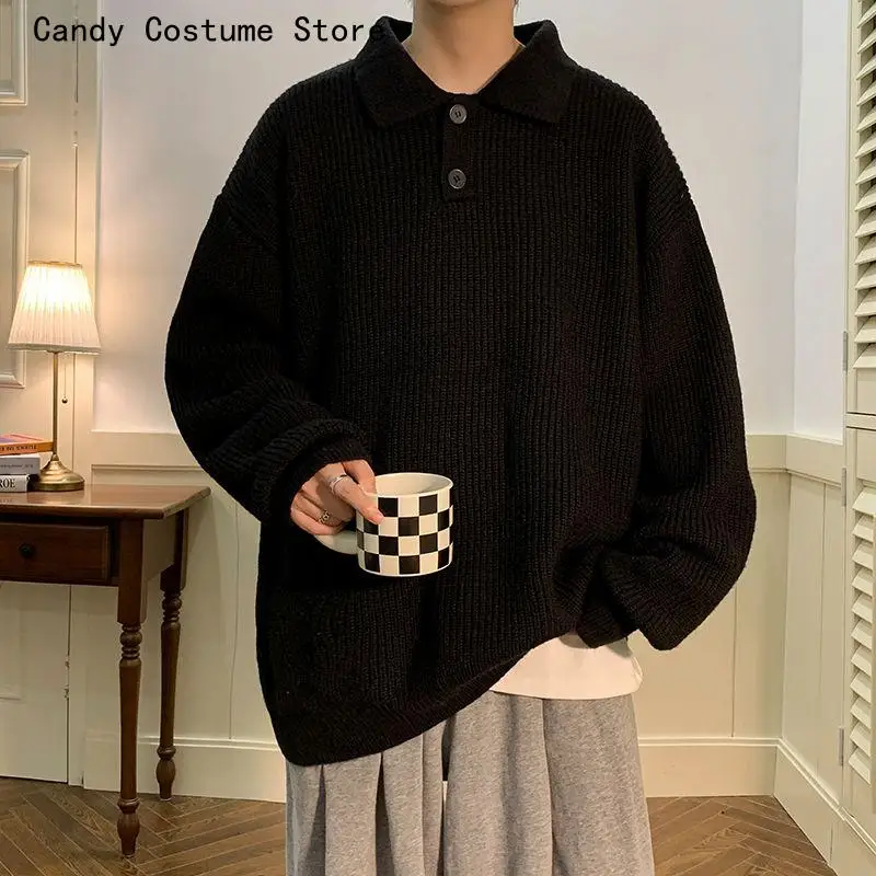 Knitted Sweater Men Japanese Lazy Style Polo Collar Sweater Men Retro Coffee Oversize Casual High Street Sweater Men Clothing