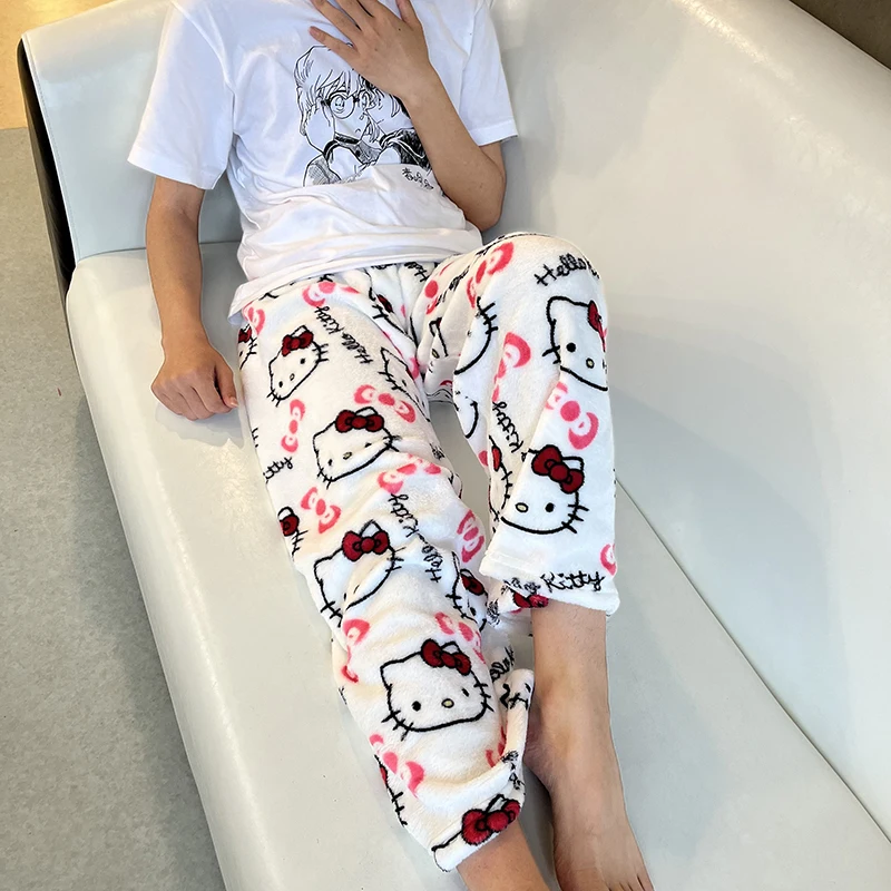 KT Cat Kitty Pajamas Black Anime Flannel Women Warm Woolen Whitecartoon Casual Home Pants Autumn Fashion Trousers Gifts