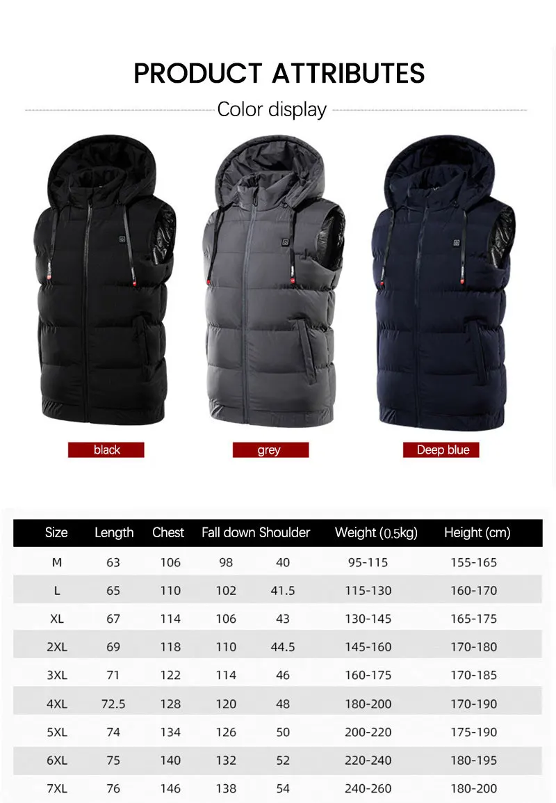 Winter Electric Heated Hooded Vest Thermal Waterproof USB Charging Vest Adjustabe Heating Warmer Pad Hiking Warm