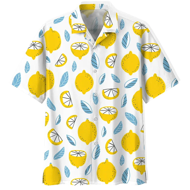 thumbnail image 1 of Camisas hawaianas con estampado de limón para hombre, blusa con botones de manga corta y estampado 3D de frutas tropicales, camisa hawaiana de solapa de gran tamaño, 1 of 4
