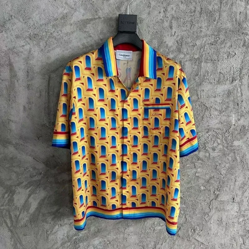 

Casablanca Shirts Dreamland Gate Twill Silk Short Sleeve Cardigan Yellow Causal Contrast Color Shirt for Men Women Clothing