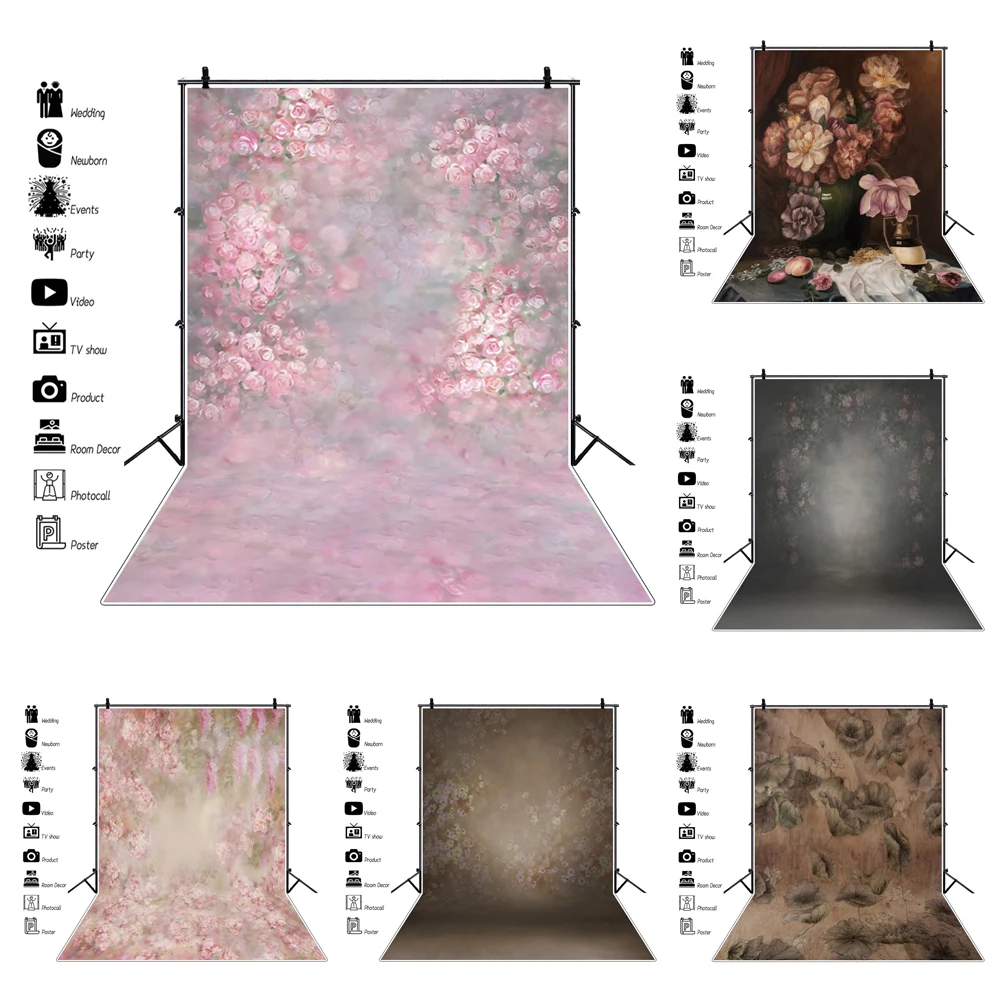 Laeacco 빈티지 유화 꽃 배경, 바랜 꽃, 그런지, 추상 질감, 베이비 샤워, 웨딩 배경 