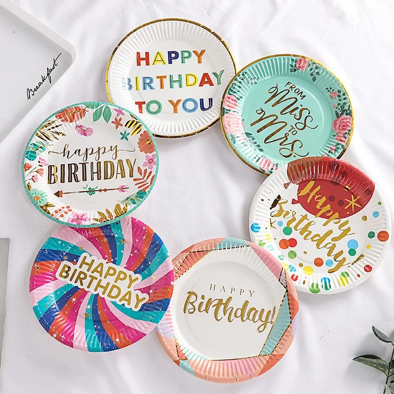 

10guests Colorful 7inch Paper Plates Birthday Party Tableware Party Supplies Disposable Paper Tray Happy Birthday Girls Favor