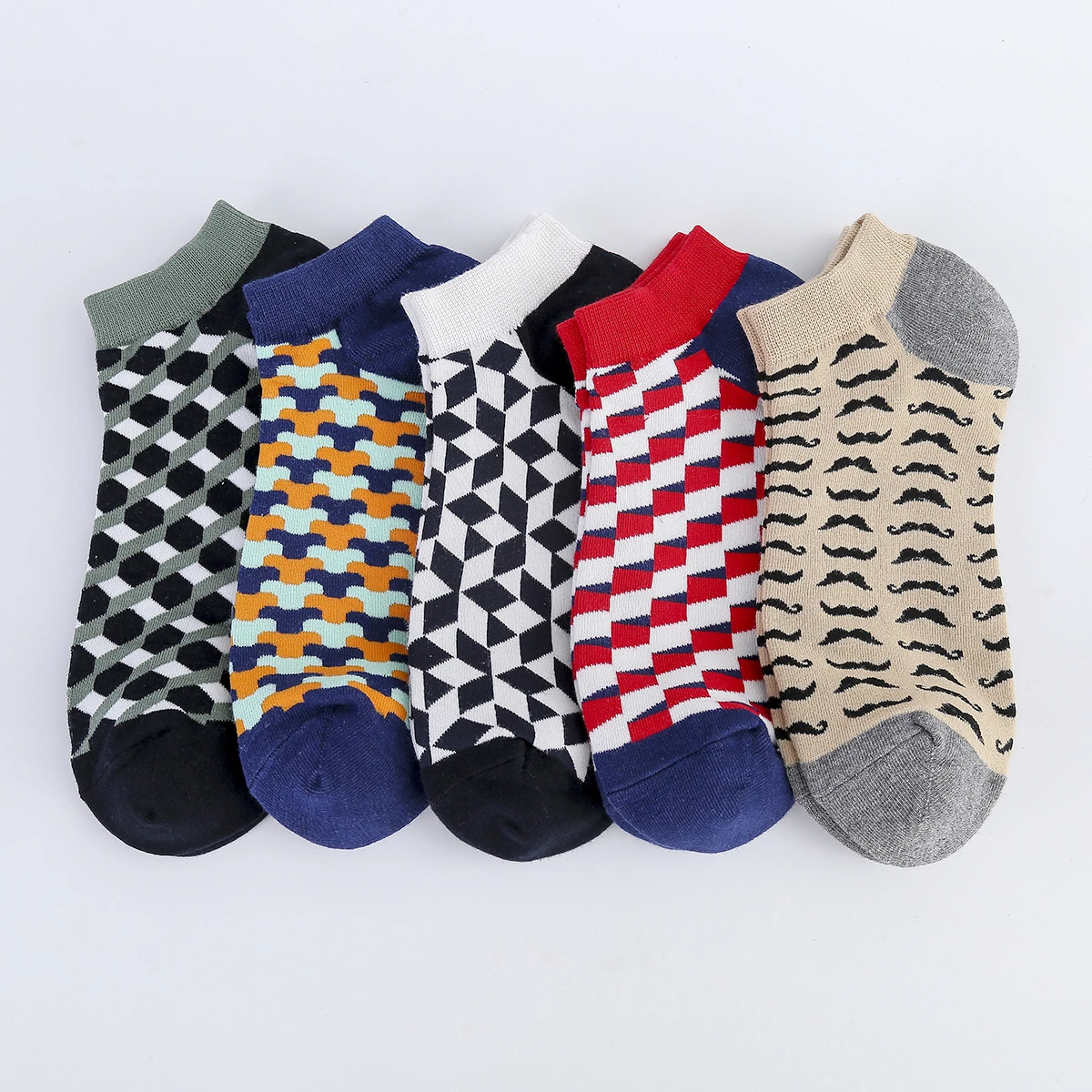 

5 Pairs Spring Summer Cute Fashion Ankle Cotton Socks Cartoon Grid Rhombus Geometry Beard Pattern Funny Men Casual Socks