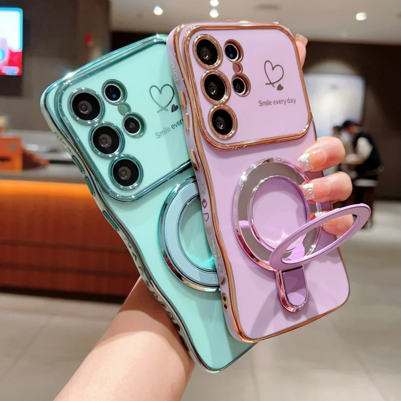 Wave Plating Side Love Heart Phone Case For Samsung Galaxy S26 S25 Ultra S24 S23 S22 A16 A55 Protect Lens Shockproof Back Cover 1