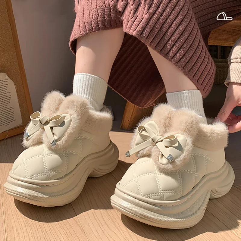 Faux Rabbit Fur Bowknot Snow Boots Women Lightweight Chunky Platform Fluffy Ankle Boots Woman Non Slip Warm Cotton Padded Shoes