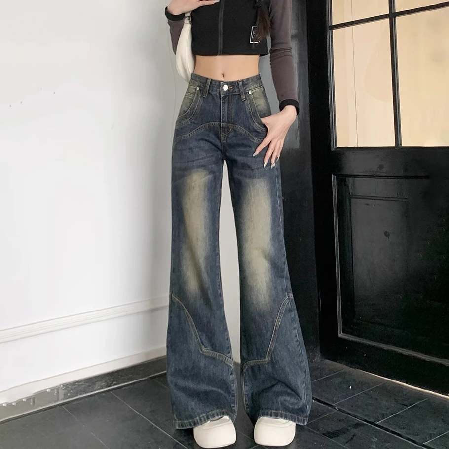 Americanretro cement grey straight jeans female autumn and winter new versatile thin high-waisted loose wide-legged trouserstide black gray jeans women s 2021 new autumn and winter straight tube loose thin wide legs high waist drape sweeping pants tide