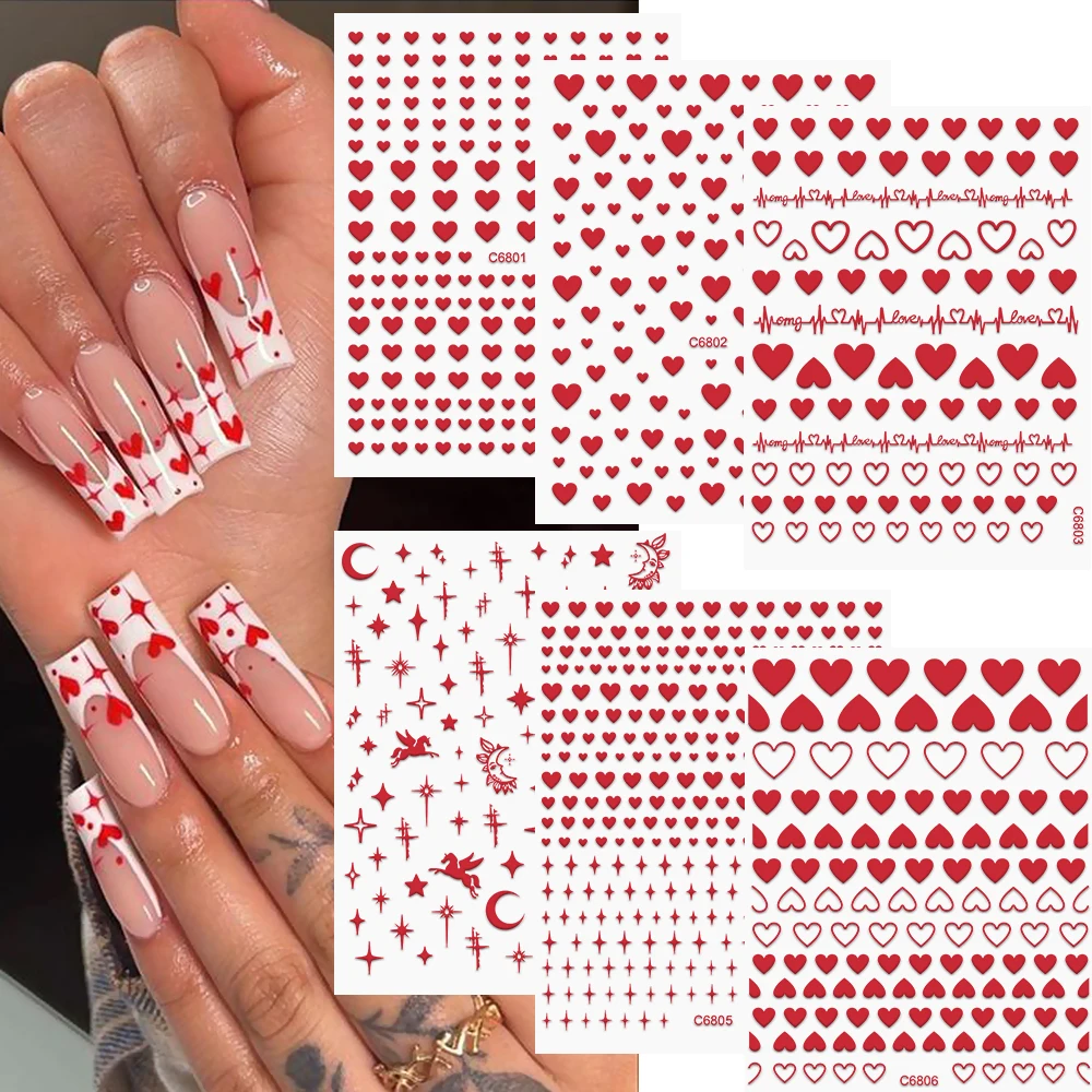 Red Love Heart Nail Stickers Set Romantic Peach Heart 8*10cm Nail Art Decal Shining Adhesive Manicure Slider 6Pcs/Kit