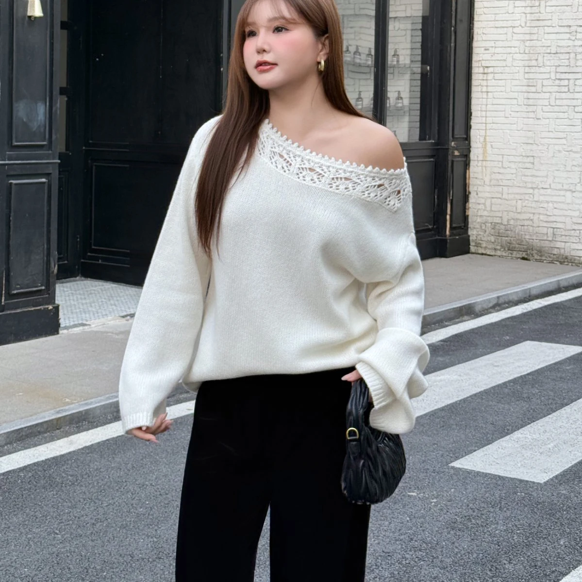 Fashion Plus Size Women Sweater Premium Hollow Out Crocheted Off Shoulder Loose Wool Knitted Autumn Winter Retro Pullover 9297