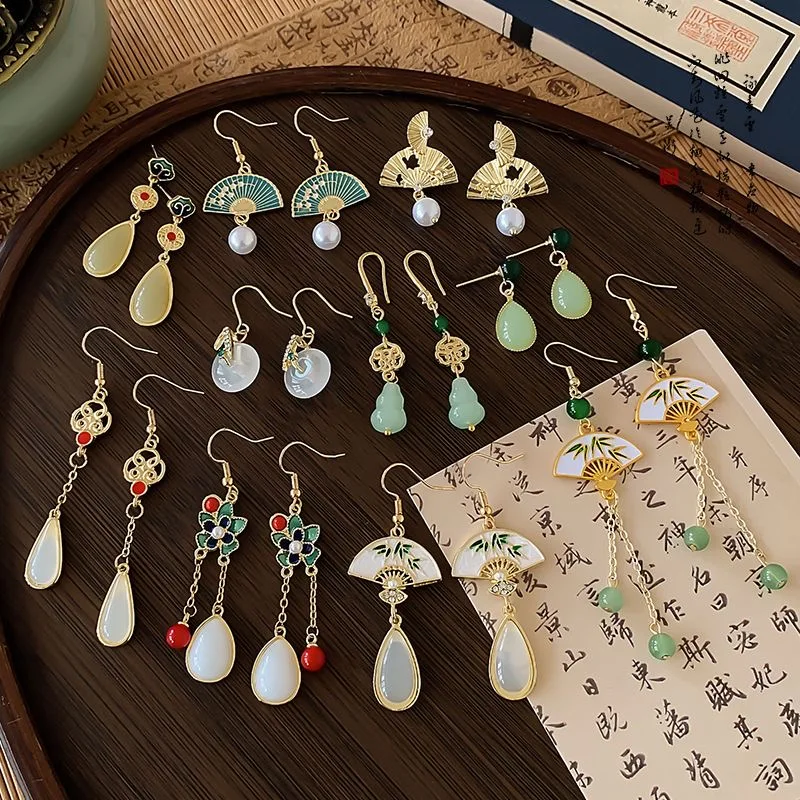 

New Chinese Long Tassel Earrings for Women Vintage Design Traditional Luxury Jewelry Golden Color Jade Pendant Hanfu Accessories