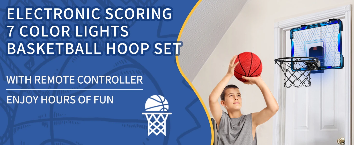 Remote Control Basketball Hoop Indoor with 7 LED Lighting, Over Door Basketball Hoop, Basketball Toys Gift for Kids, Adults