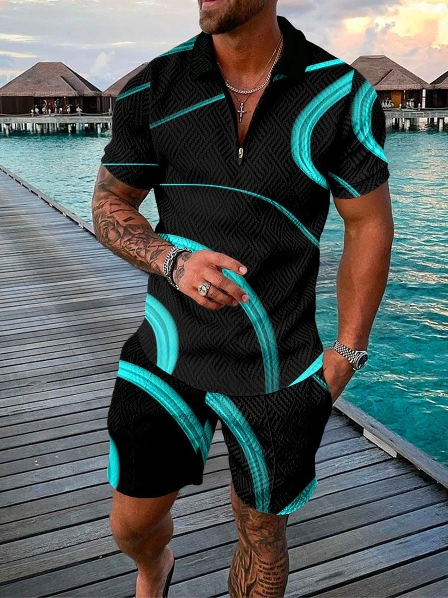 Summer Trend 3D Print Men's Zipper Collar Tracksuit Casual Polo Shirt And Shorts 2pcs Sets Fashion Men's Set Streetwear Pullover