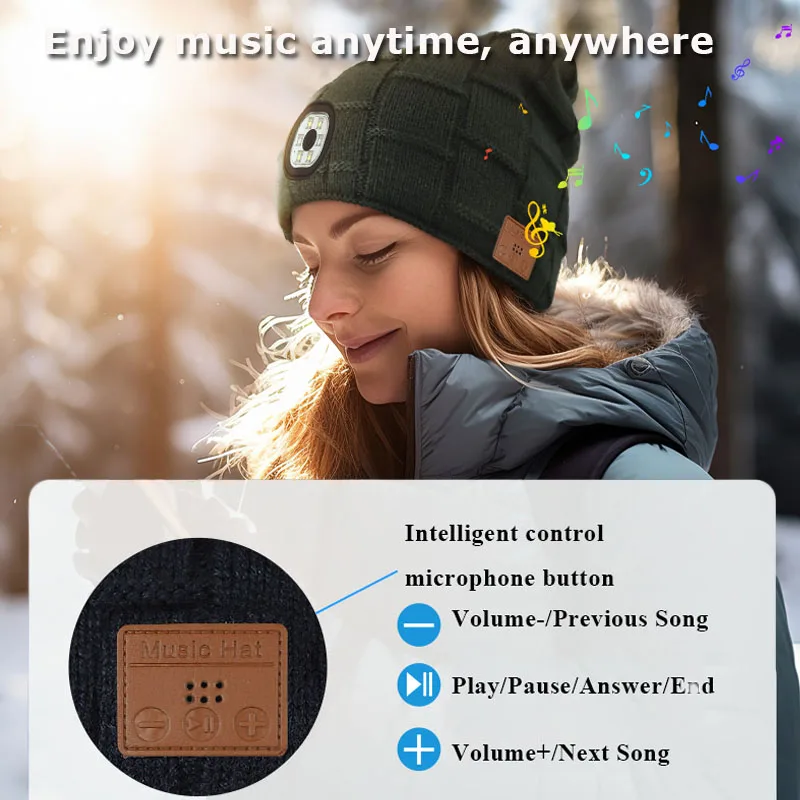 3in1 Unisex Wireless Bluetooth Music Hat Outdoor Sports Warm Bluetooth Headphones with LED Light Washable Rechargeable with Mic