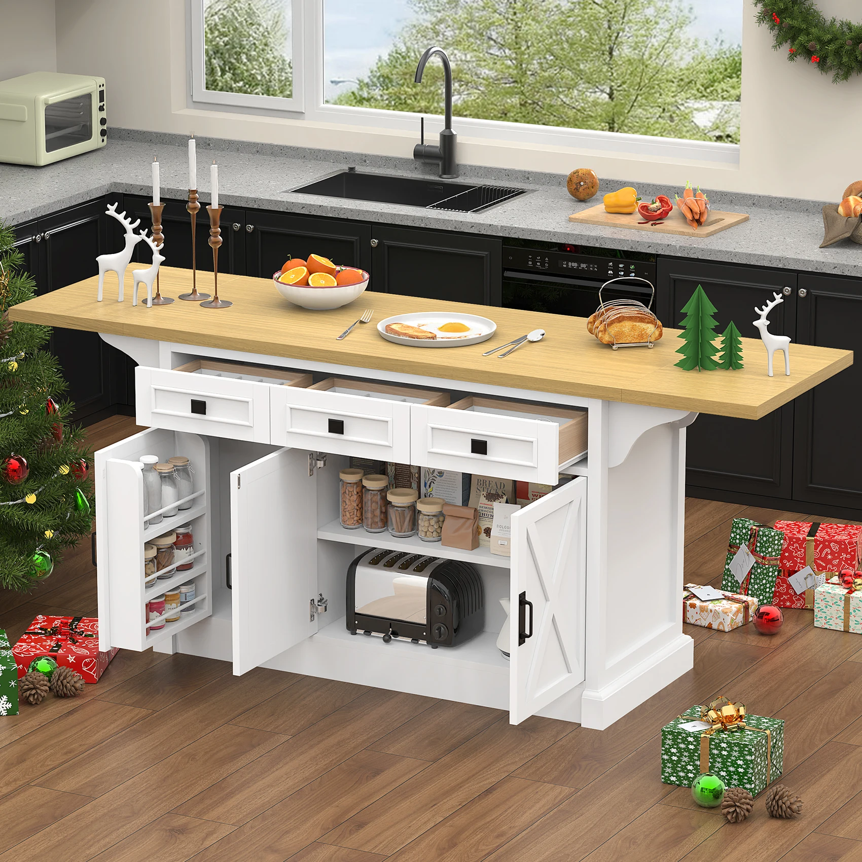 73" Large Kitchen Island, Kitchen Island Cart with Trash Storage Cabinet, Power Outlet, Drop Leaf, Island Table for Kitchen 73" Large Kitchen Island, Kitchen Island Cart with Trash Storage Cabinet, Power Outlet, Drop Leaf, Island Table for Kitchen