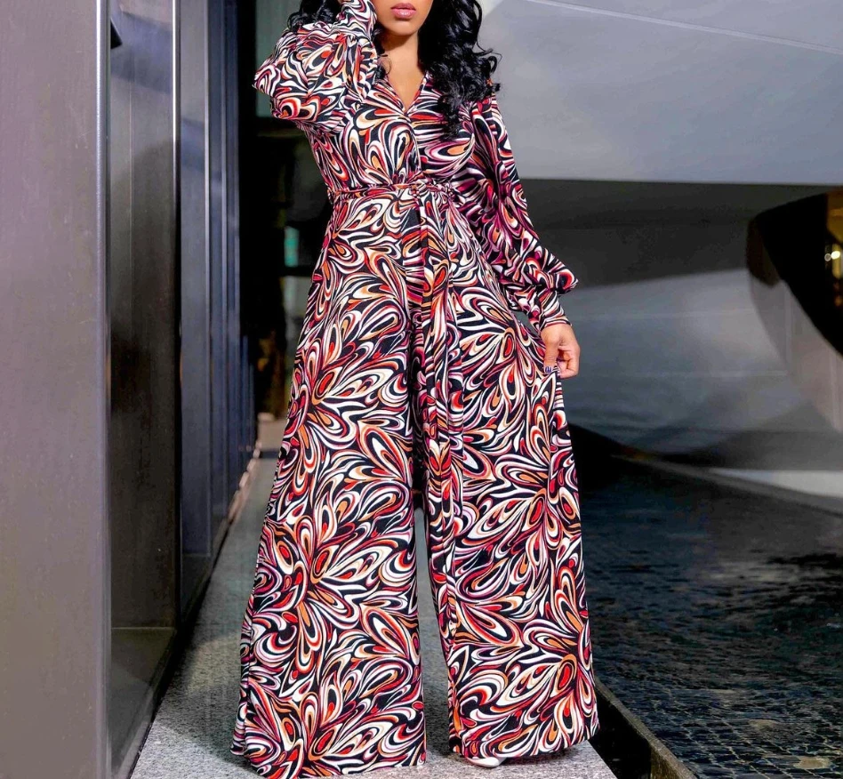 Women's Loose Casual Printed Jumpsuit 2024 New Spring Fashionable Long Sleeved V-Neck Wide Leg Jumpsuit High Waist Long Jumpsuit