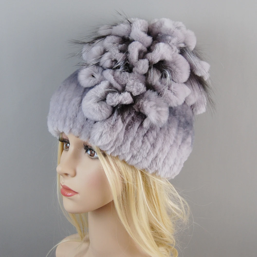 2025 Brand Women Genuine Rex Rabbit Fur Hats Winter Rex Rabbit Fur Beanies Striped Top Flower Fox Fur Warm Real Fur Knit Caps 2