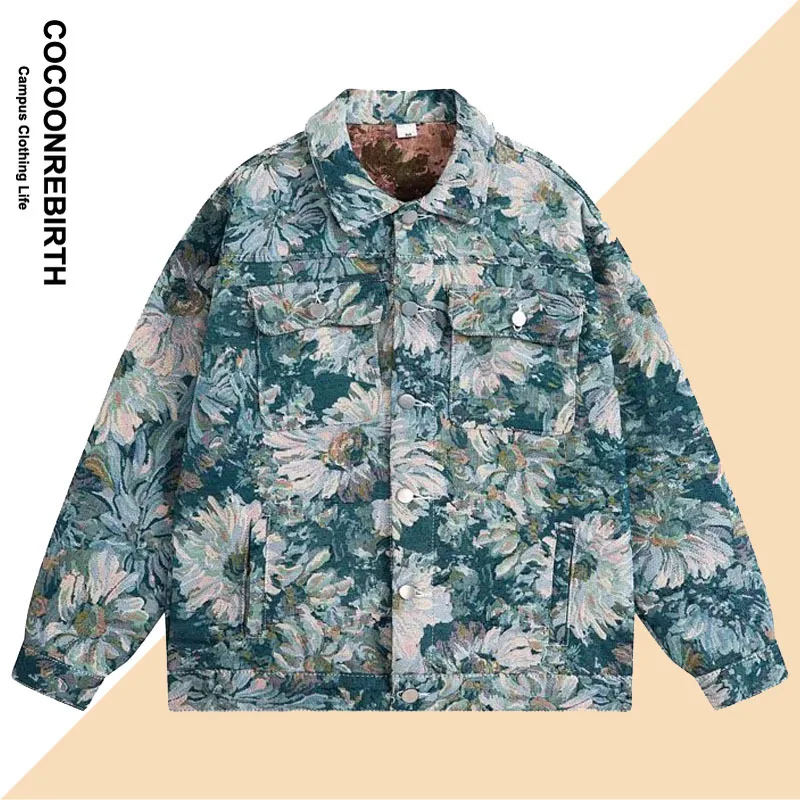 

Full Flowers Jacquard Denim Jacket Men Korean Fashion Turndown Collar Jacket Women Loose Couples Casual Coat Autumn 2023