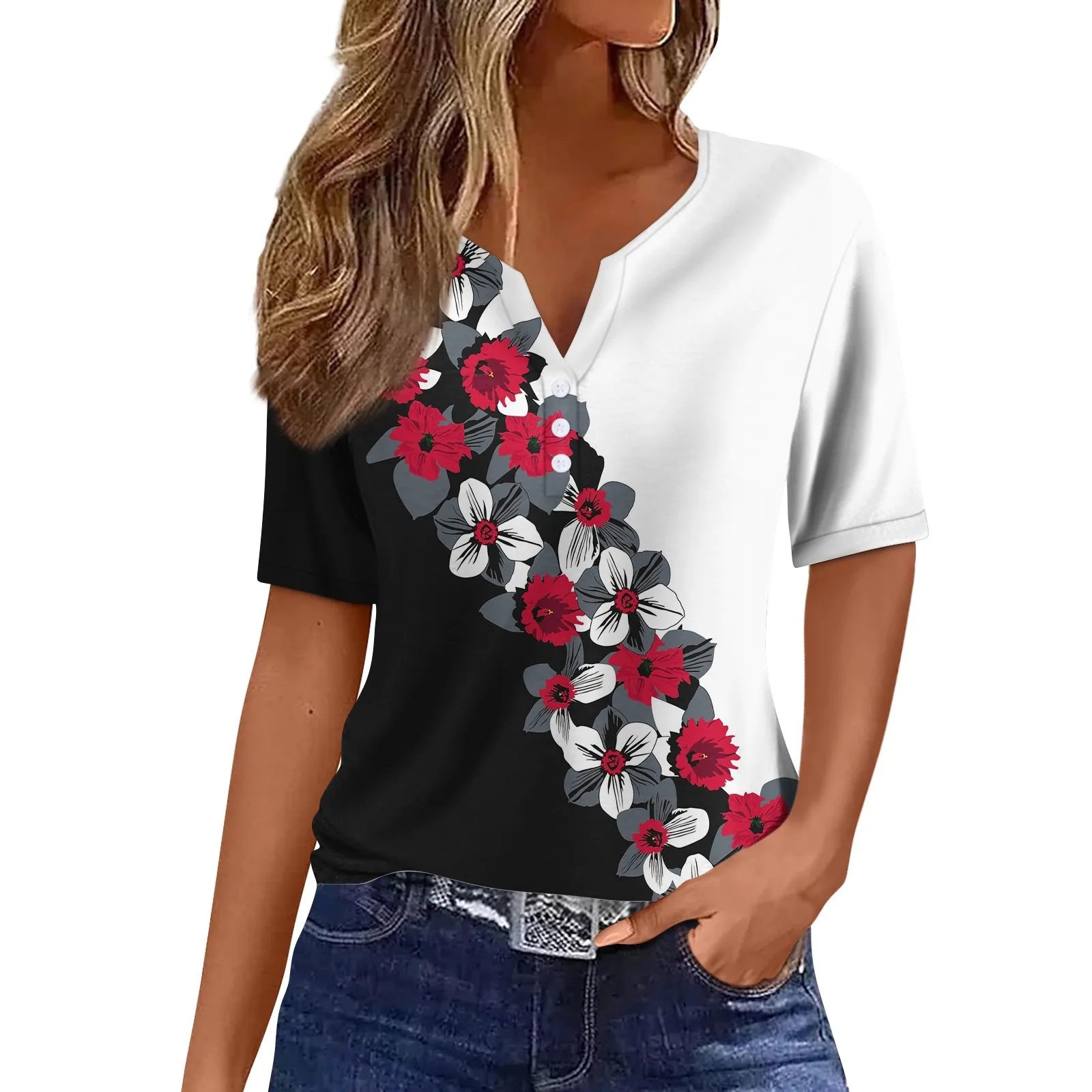 

summer new Women's T Shirt geometric Print Button collar Short Sleeve Daily Weekend Fashion Basic V- Neck Regular Top