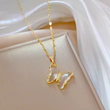  New Trendy Luxury Zircon Butterfly Pendant Necklace For Women Stainless Steel Clavicle Chain Female Party Temperament Jewelry 