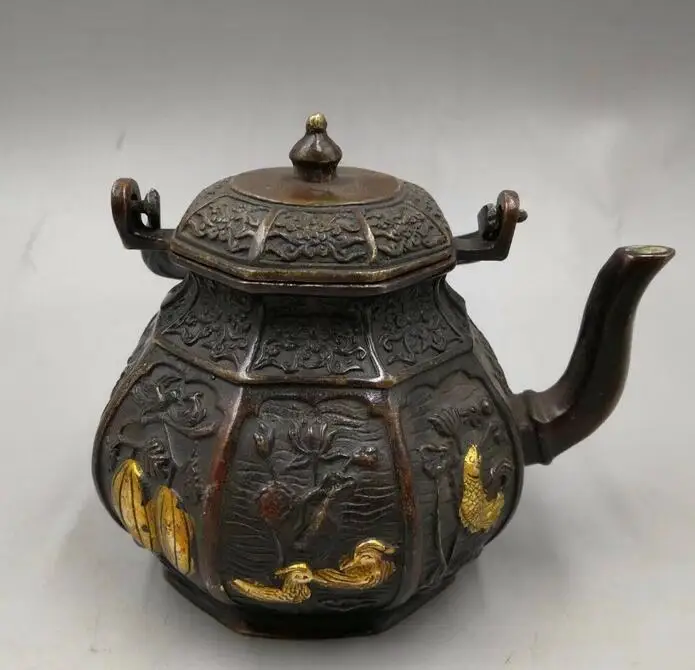 

Chinese Antique Old copper hand-made gold-plated plum wine jug teapot A