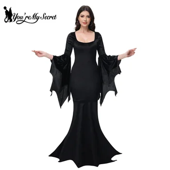 [You're My Secret] Halloween Morticia Adams Primate Black Adams Family Dress Retro Gothic Flared Sleeve Fishtail Dress Vestido 1