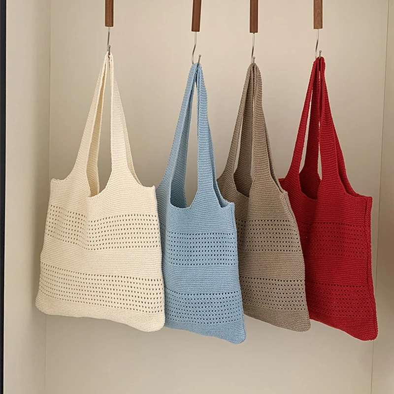 Aesthetic Hollow Out Crochet Bag Large Capacity Shoulder Bag Simple Knitted Shopper Tote Bag For Women
