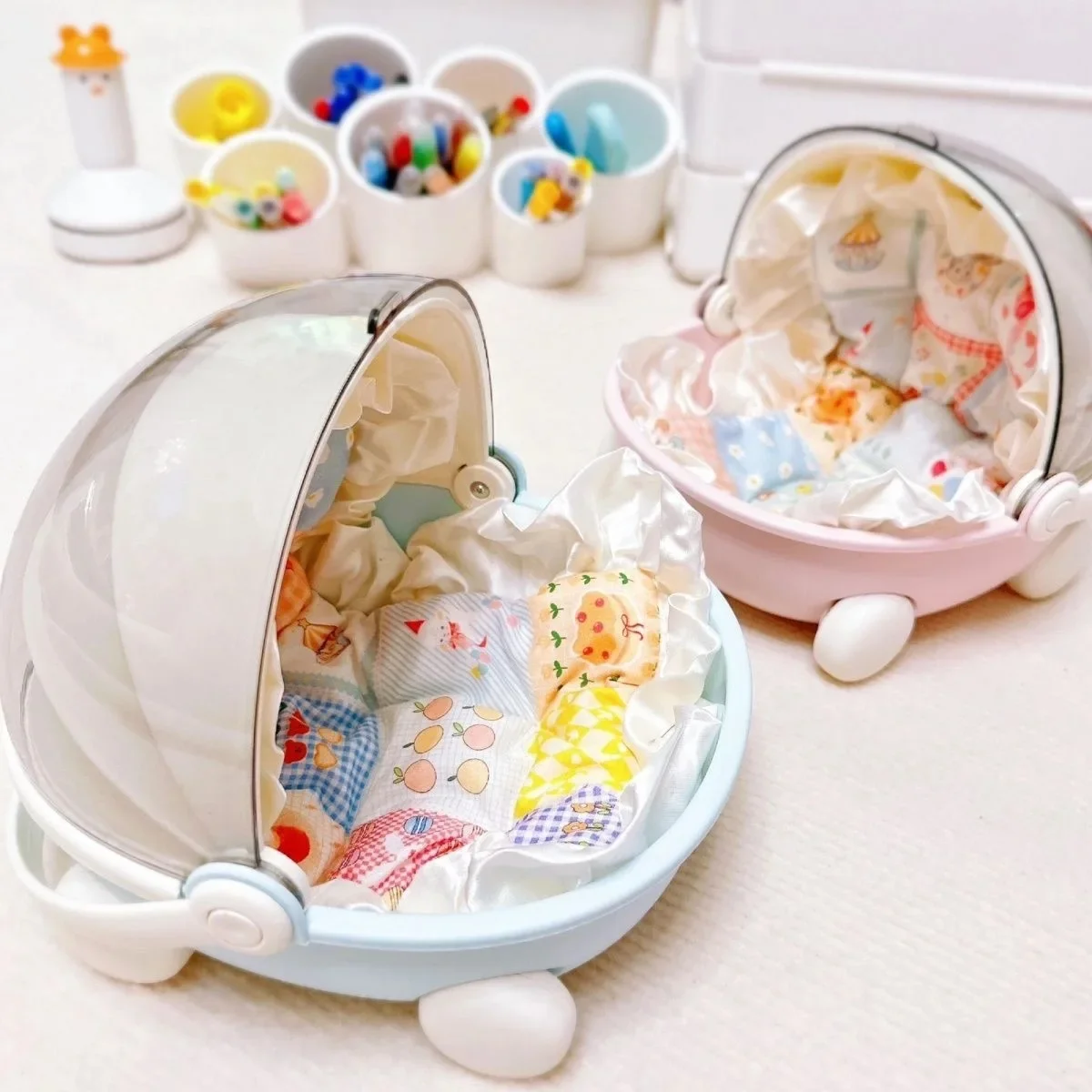 1/2pc Doll Bed Baby Stroller Storage Box with Mat for Labubu Space Module Doll Sleep Cradle Cart Dolls Bed Furniture Accessories