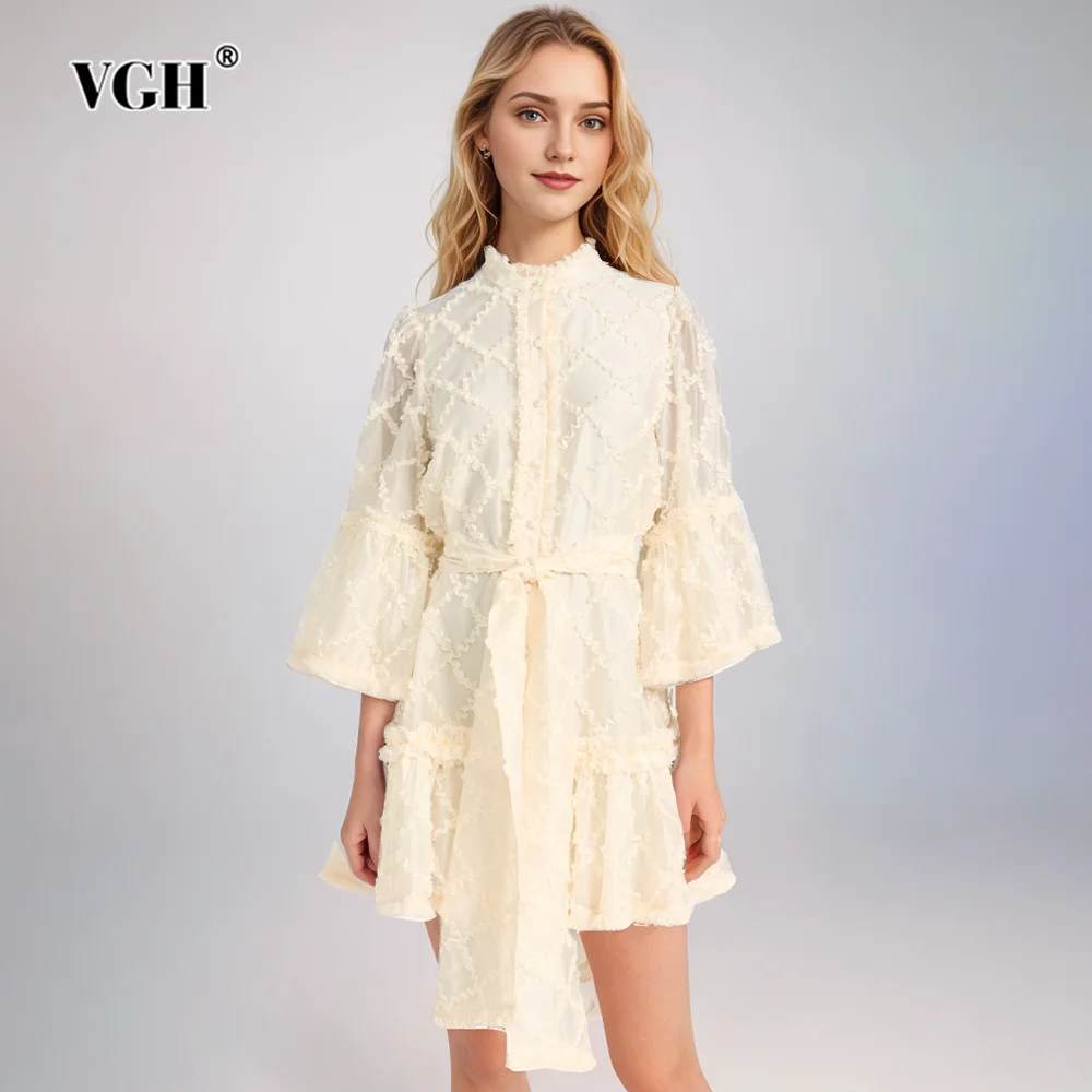 

VGH Solid Patchwork Lace Up Elegant Dress For Women Stand Collar Flare Sleeve High Waist Spliced Single Breasted Dresses Female