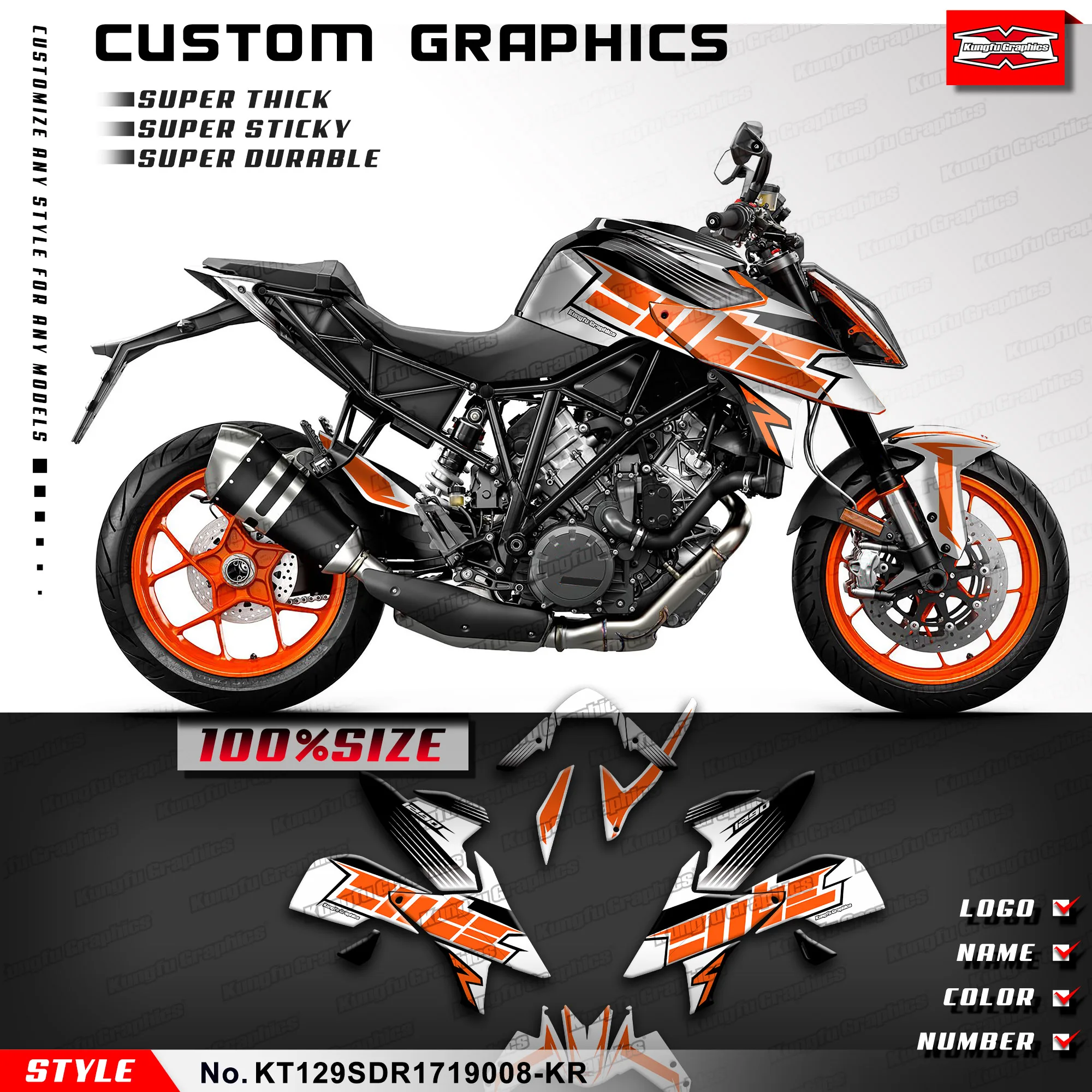

Индивидуальные графические наклейки KUNGFU, набор для обертывания для KTM 1290 Super Duke R 2017 2018 2019, стиль № KT129SDR1719008-KR