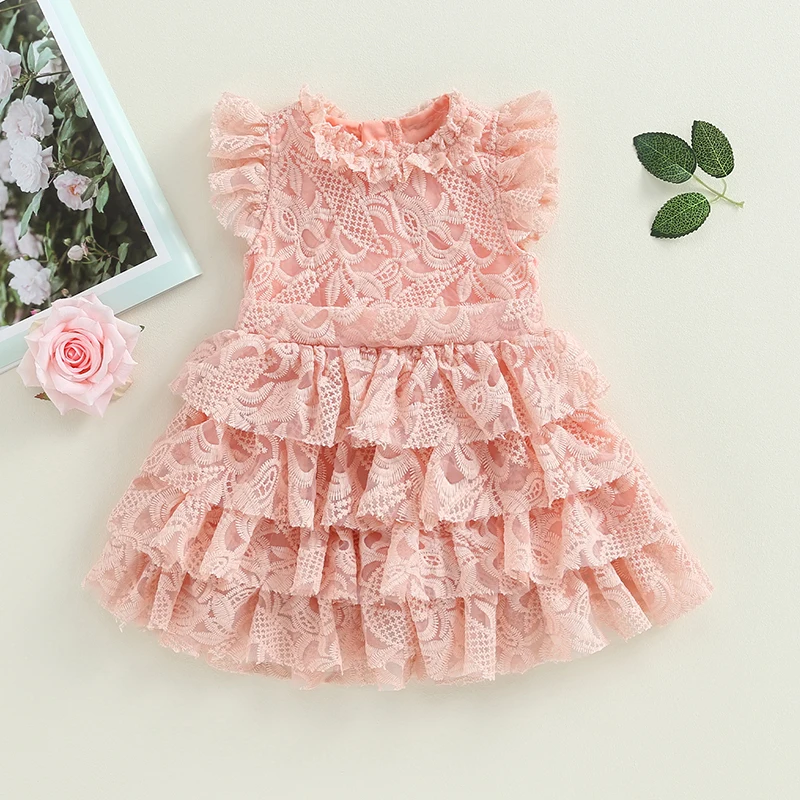 

Kids Baby Girl Ruffle Dresses Sleeveless Round Neck Layered Lace Casual Party Street Princess Dress Children's Clothing