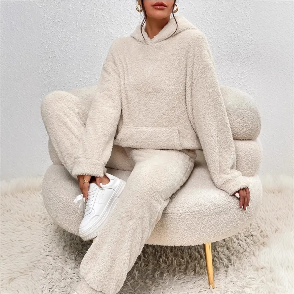 Automne hiver peluche sweat à capuche pantalon 2 pièces ensemble femmes mode poche chaud décontracté maison vêtements à capuche pantalon costume 1