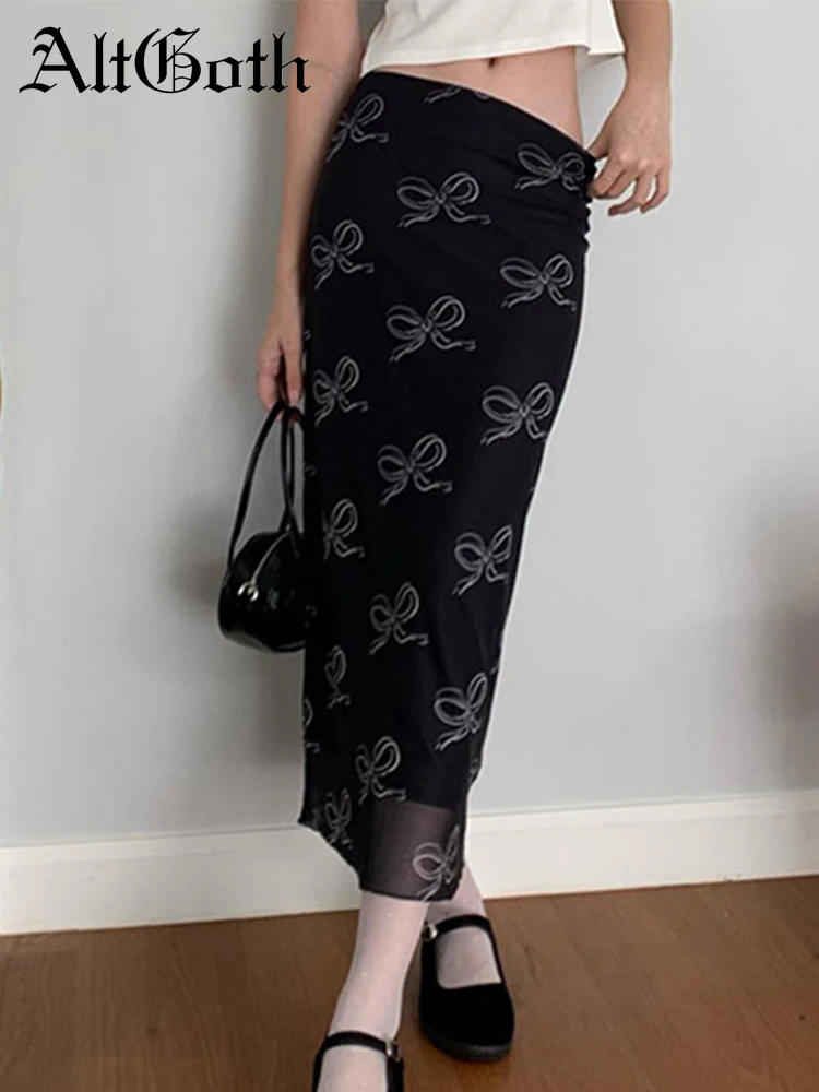 

AltGoth Fairycore Y2k Midi Skirt Women Streetwear Gothic Dark Bow Printed High Waist Skirt Aesthetic Elegant Cklubwear Skirts
