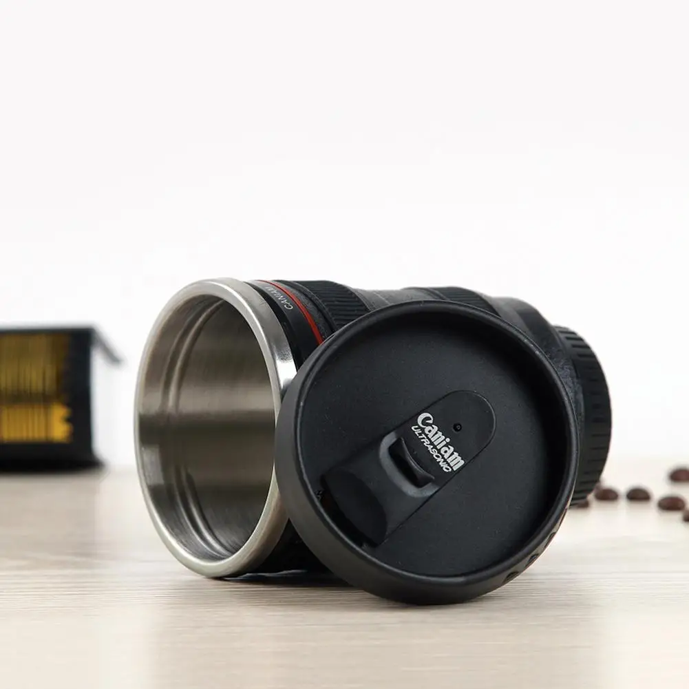 뚜껑이 달린 창의적인 카메라 렌즈 모양 커피 차 머그잔, 스테인레스 스틸 진공 플라스크, 야외 캠핑 음료 컵, 350mL
