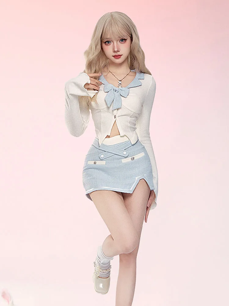 New Design Chic Outfits 2 Piece Set Sweet Crop Tops Flare Sleeve + High Waist A-Line Skirts Mori Girl Elegant Kpop Party Prom