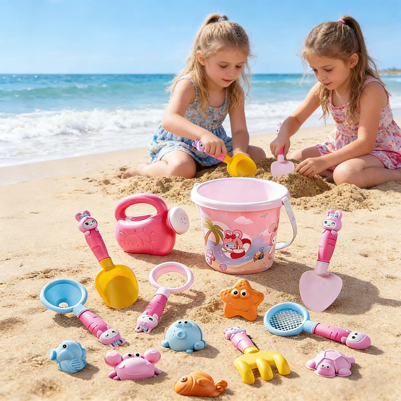 어린이용 해변 모래 장난감 세트, 삽이 포함된 접이식 양동이, 해변 물놀이용  여행용 놀이 도구