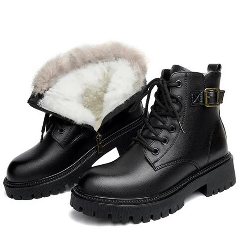 

ZXRYXGS 2023 Autumn Single Black Boots Genuine Leather Plush Wool Boots Women Boots Warm Winter Snow Boots Non-slip Large Size