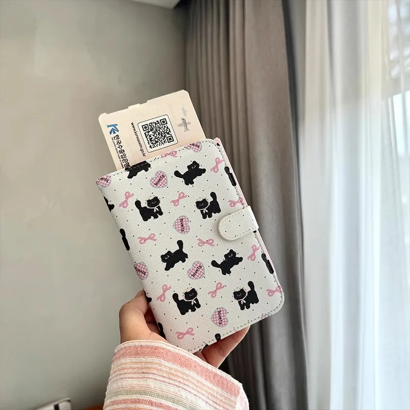Korean Style Cute Butterfly Cat Passport Holder Multi-Functional PU Leather Travel Wallet for Cards, Tickets, ID Documents